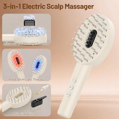 Scalp Oil Applicator with Electric Scalp Massager, Red Light Brush(beige)