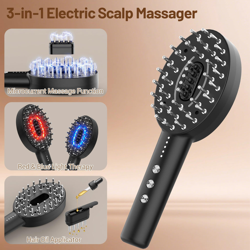 Scalp Oil Applicator with Electric Scalp Massager, Red Light Brush(Black)