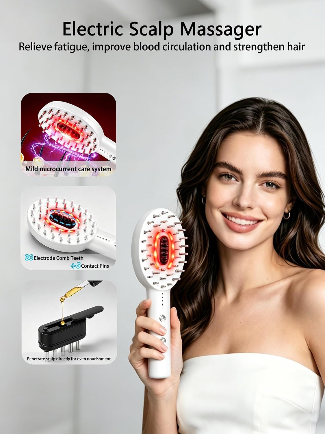 Scalp Oil Applicator with Electric Scalp Massager, Red Light Brush(White)