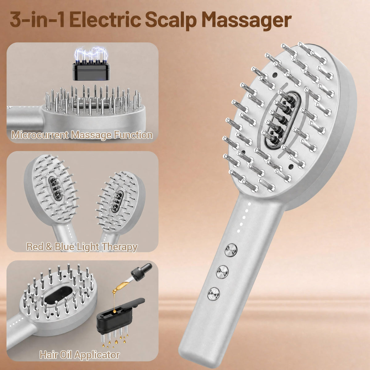Scalp Oil Applicator with Electric Scalp Massager, Red Light Brush(Silver)